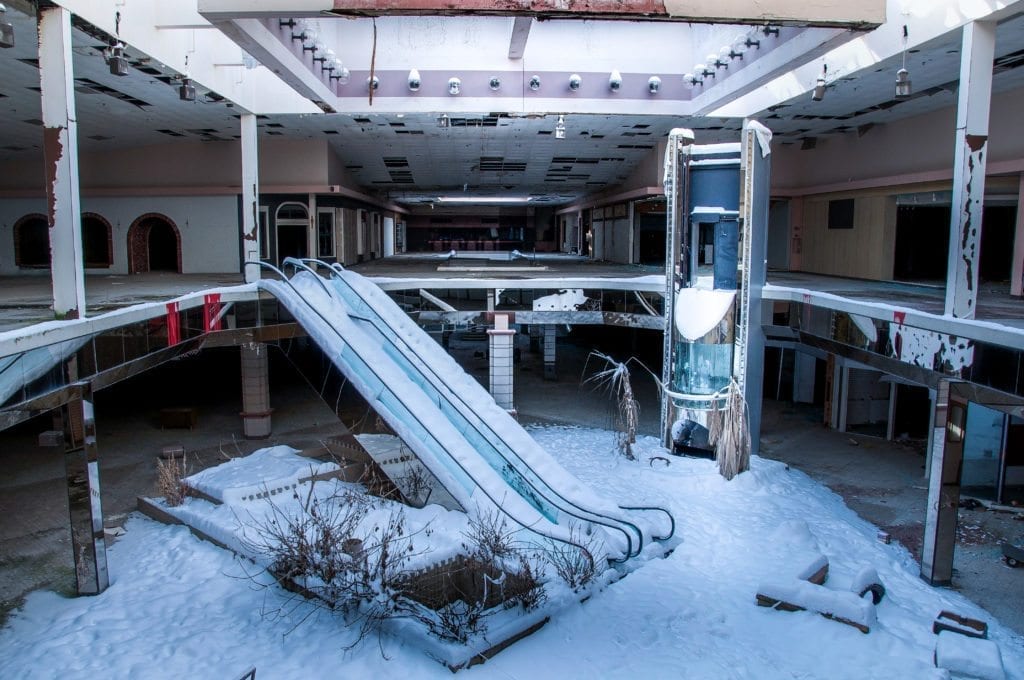 Abandoned Rolling Acres Mall filled with snow